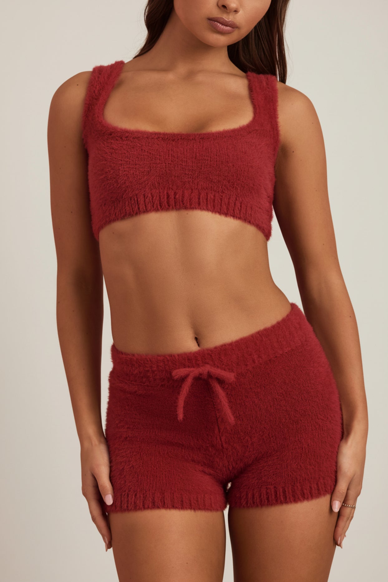Fluffy Knit Scoop-Neck Bralette in Ruby Red - 4