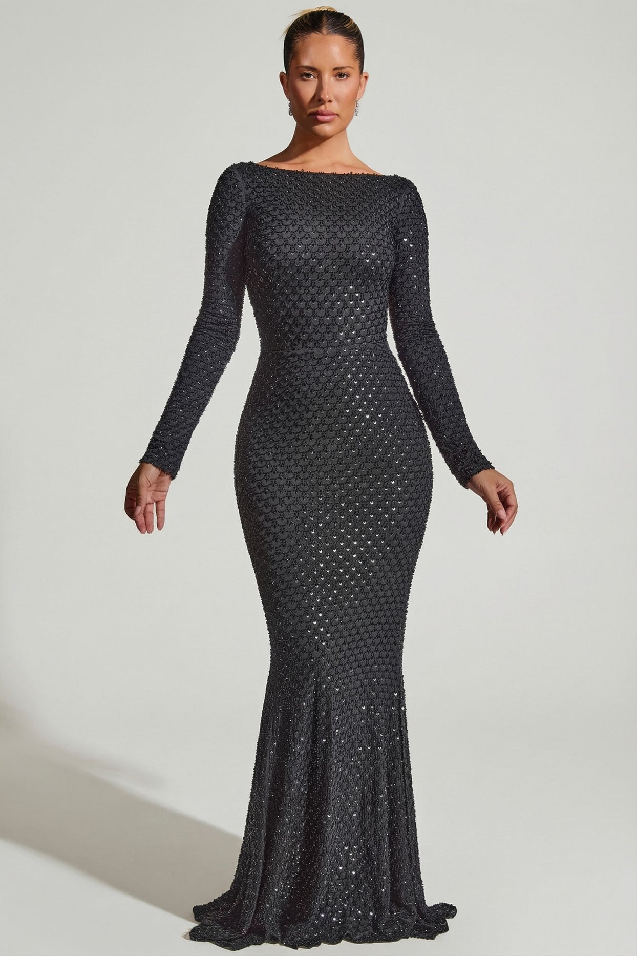Embellished Open-Back Gown in Black - 2
