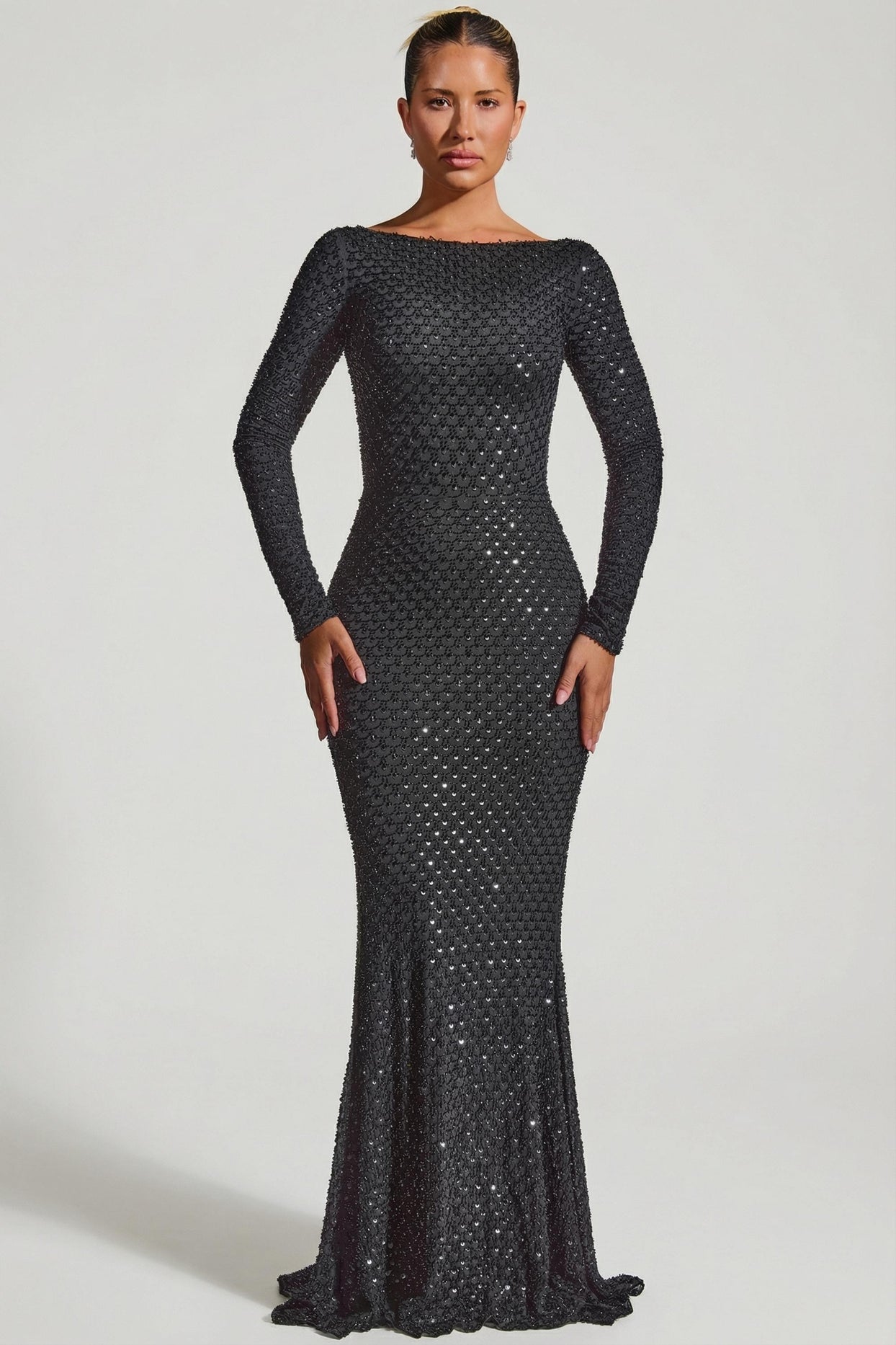 Embellished Open-Back Gown in Black - 6