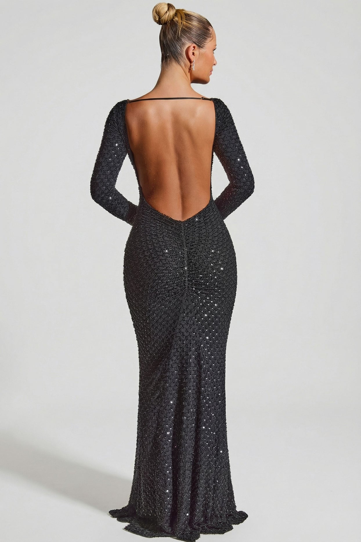 Embellished Open-Back Gown in Black - 3