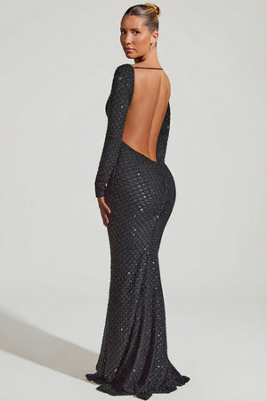 Oh Polly's Sierra Skye wearing the Jailene Gown Length Dress in Black Embellished fabric perfect for luxury cocktail hours