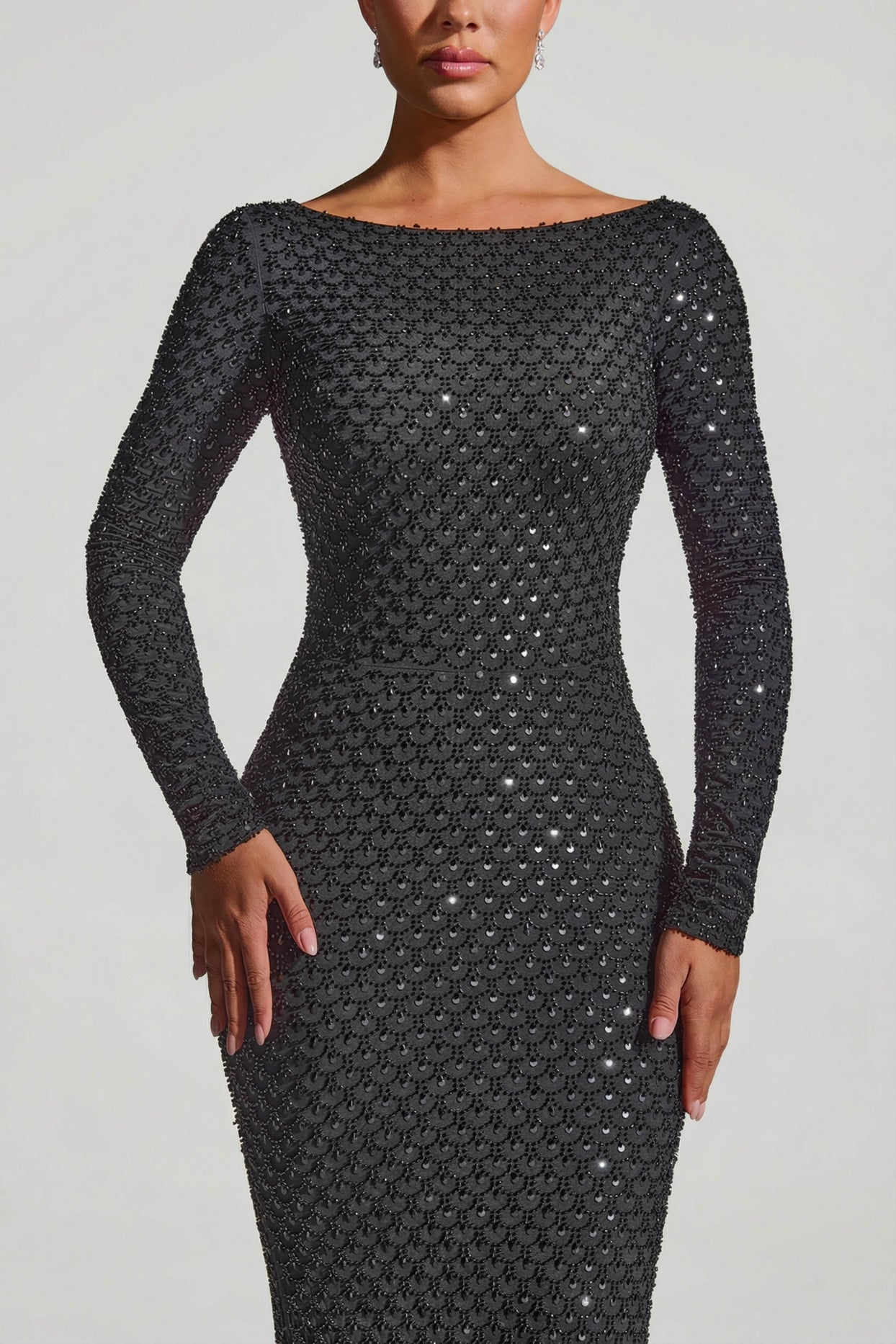 Embellished Open-Back Gown in Black - 4