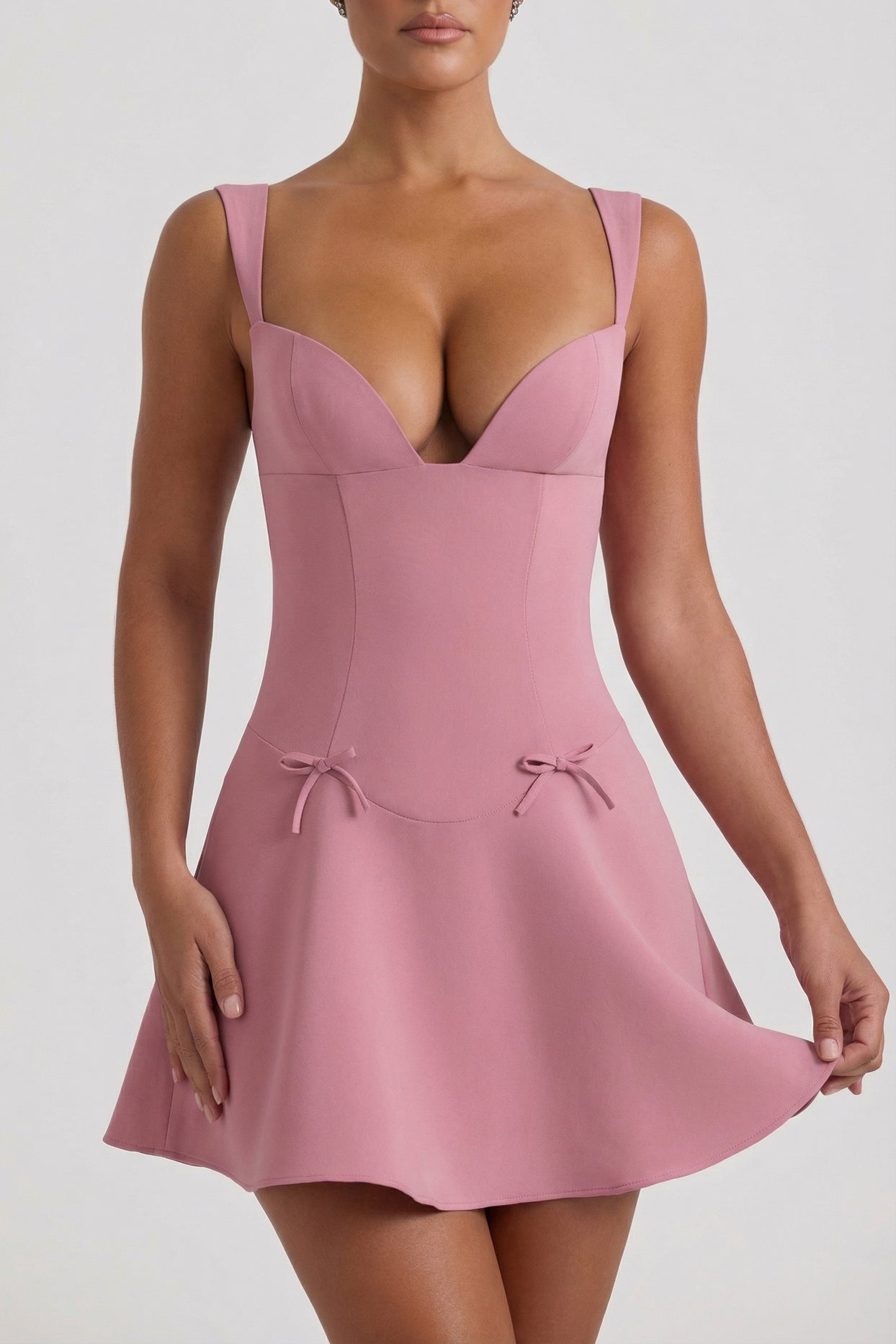 Bow-Detail A-Line Mini Dress in Dusty Pink - 4