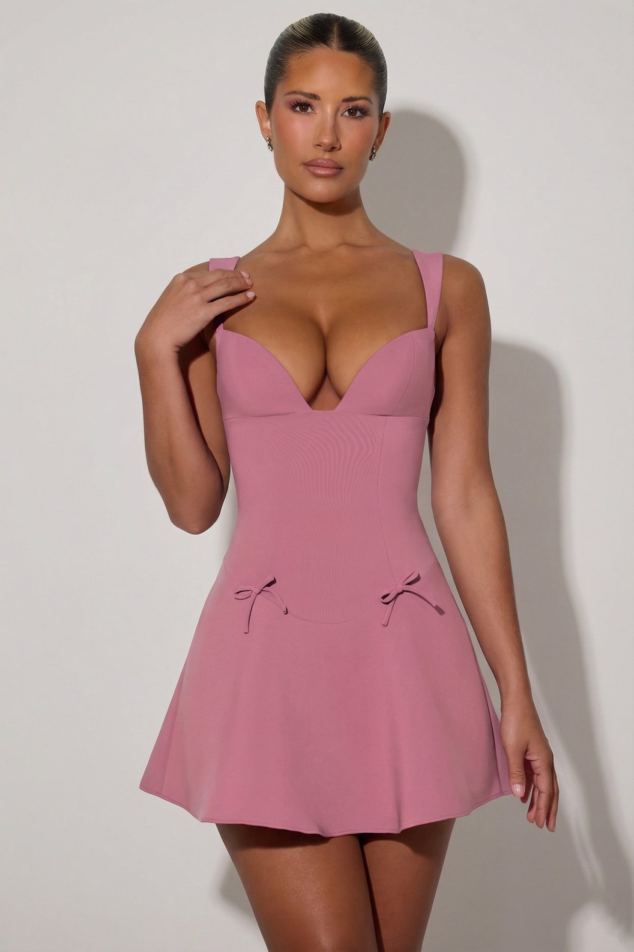 Bow-Detail A-Line Mini Dress in Dusty Pink - 7