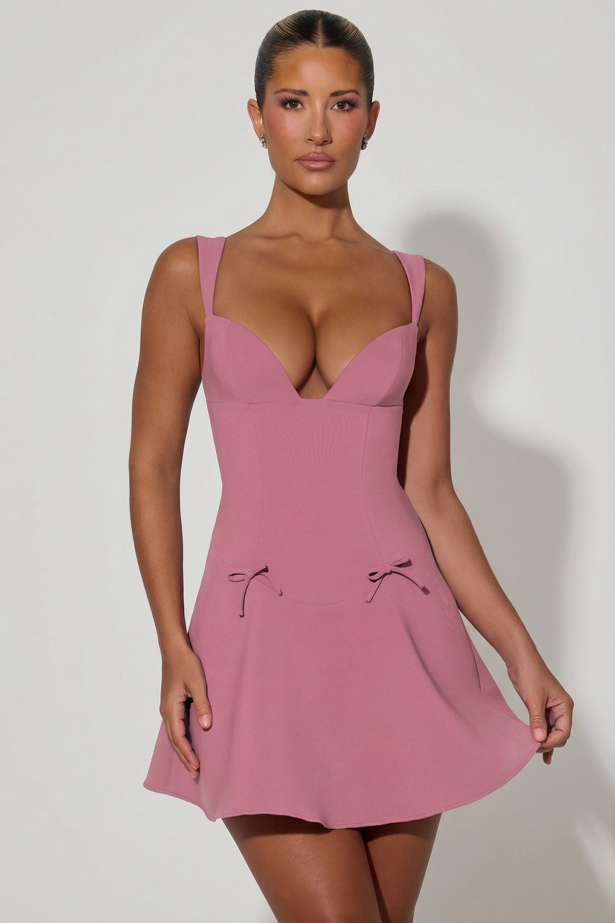 Bow-Detail A-Line Mini Dress in Dusty Pink - 1