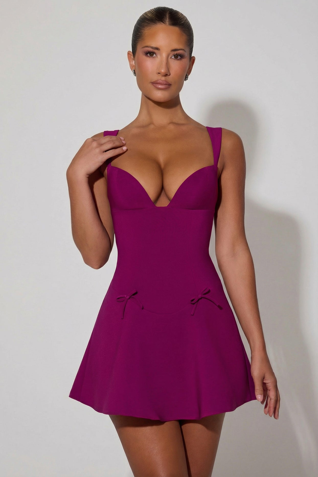 Bow-Detail A-Line Mini Dress in Plum - 7