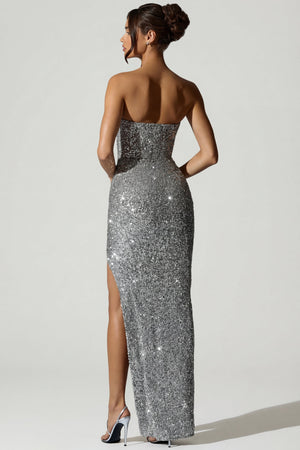 Oh Polly's Anna wearing the Jasella Gown Length Dress in Silver Micro Sequin fabric perfect for glamorous evening events