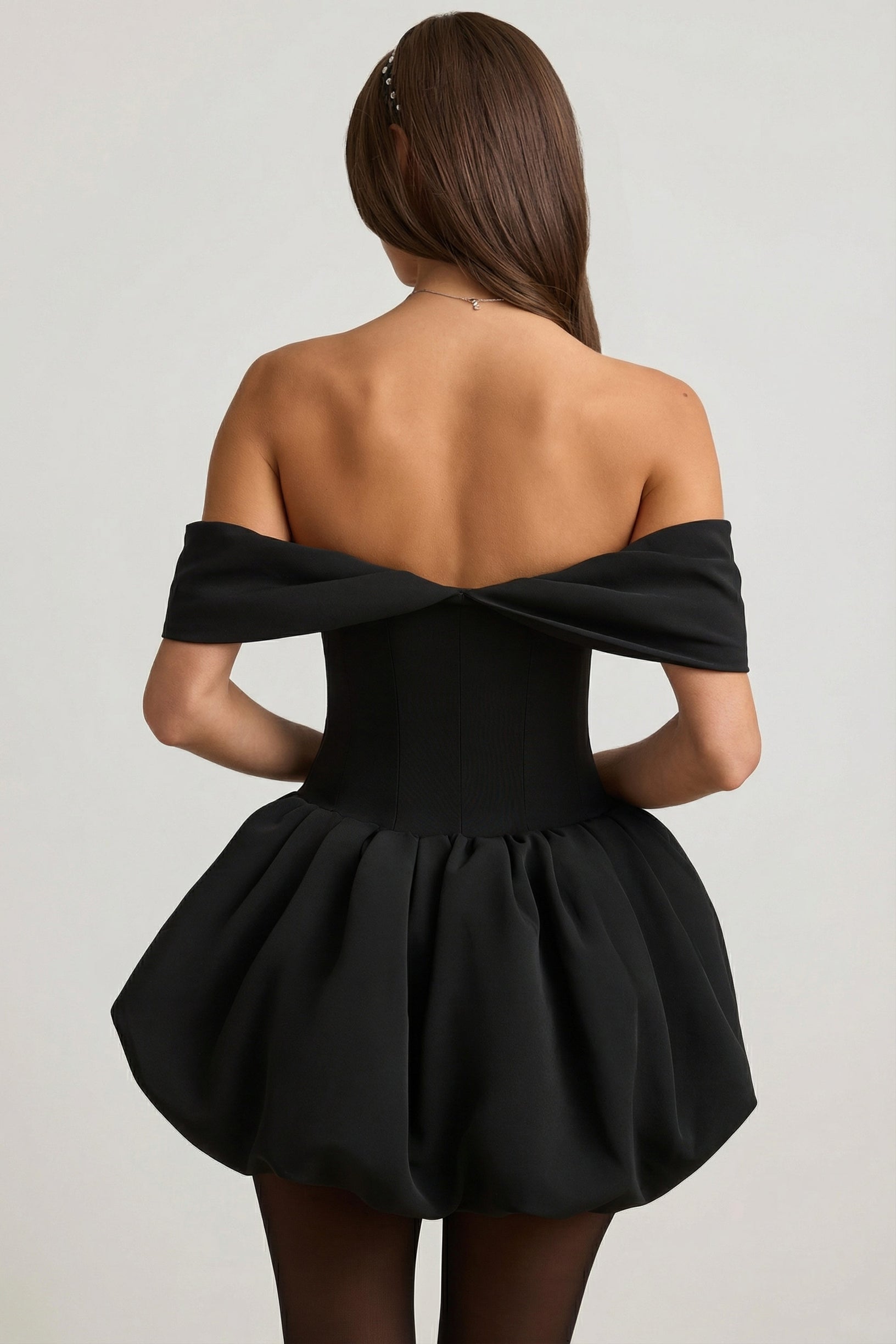 Off-Shoulder Layered Bubble Hem Corset Mini Dress in Black - 2