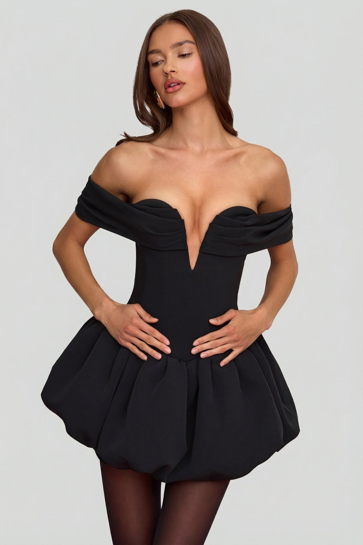 Off-Shoulder Layered Bubble Hem Corset Mini Dress in Black - 5
