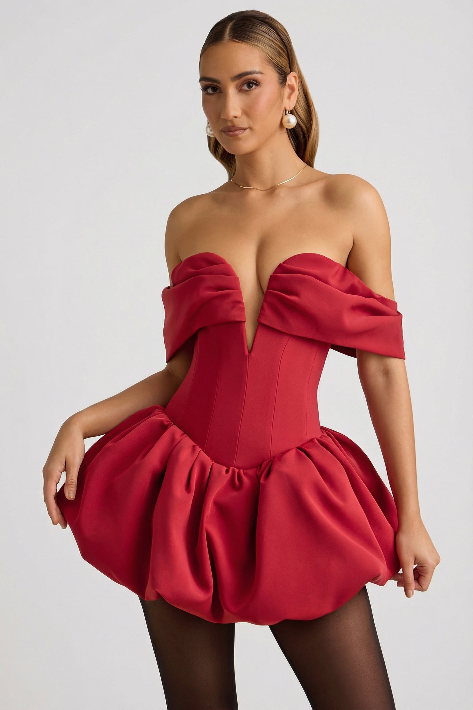 Off-Shoulder Layered Bubble Hem Corset Mini Dress in True Red - 1