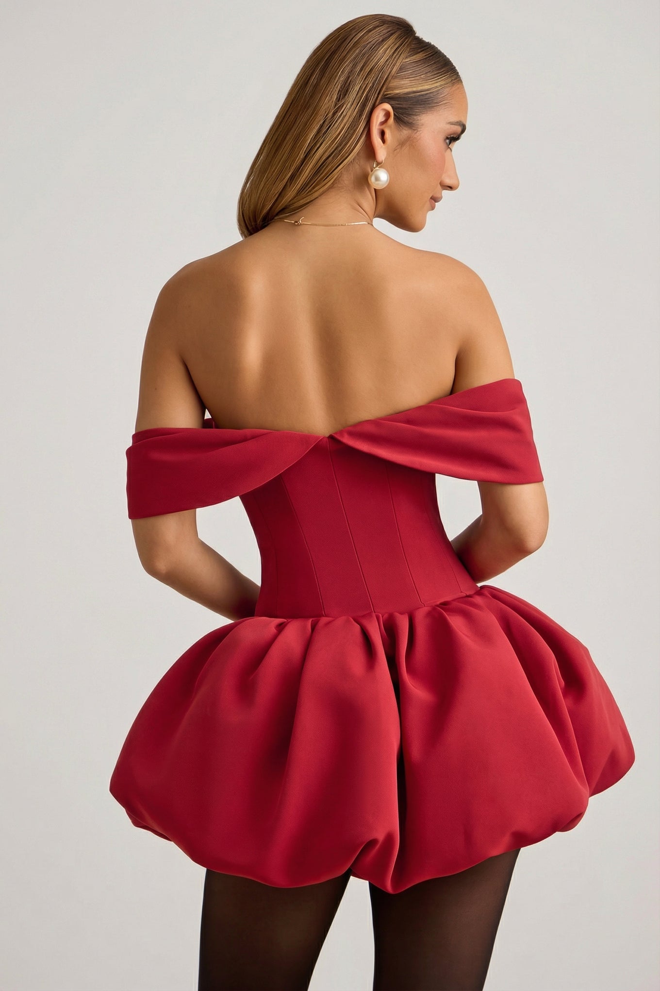 Off-Shoulder Layered Bubble Hem Corset Mini Dress in True Red - 2