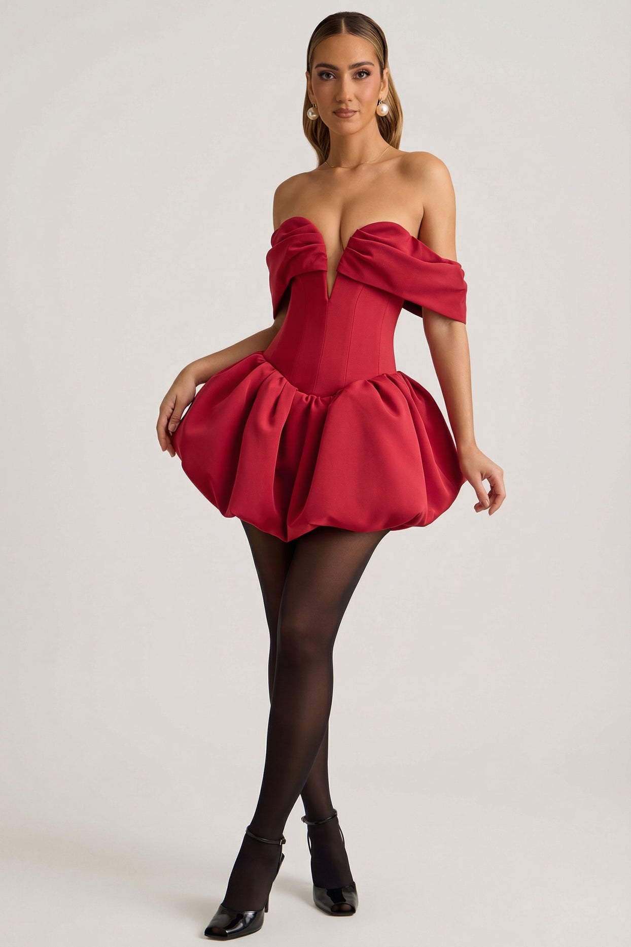Off-Shoulder Layered Bubble Hem Corset Mini Dress in True Red - 5