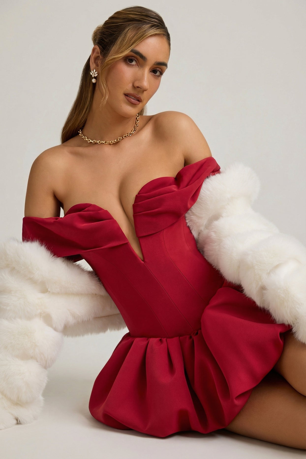Off-Shoulder Layered Bubble Hem Corset Mini Dress in True Red - 6