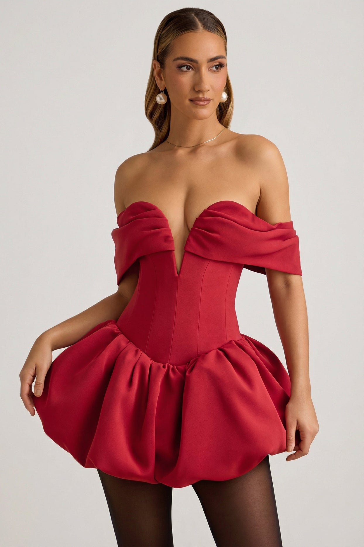 Off-Shoulder Layered Bubble Hem Corset Mini Dress in True Red - 8