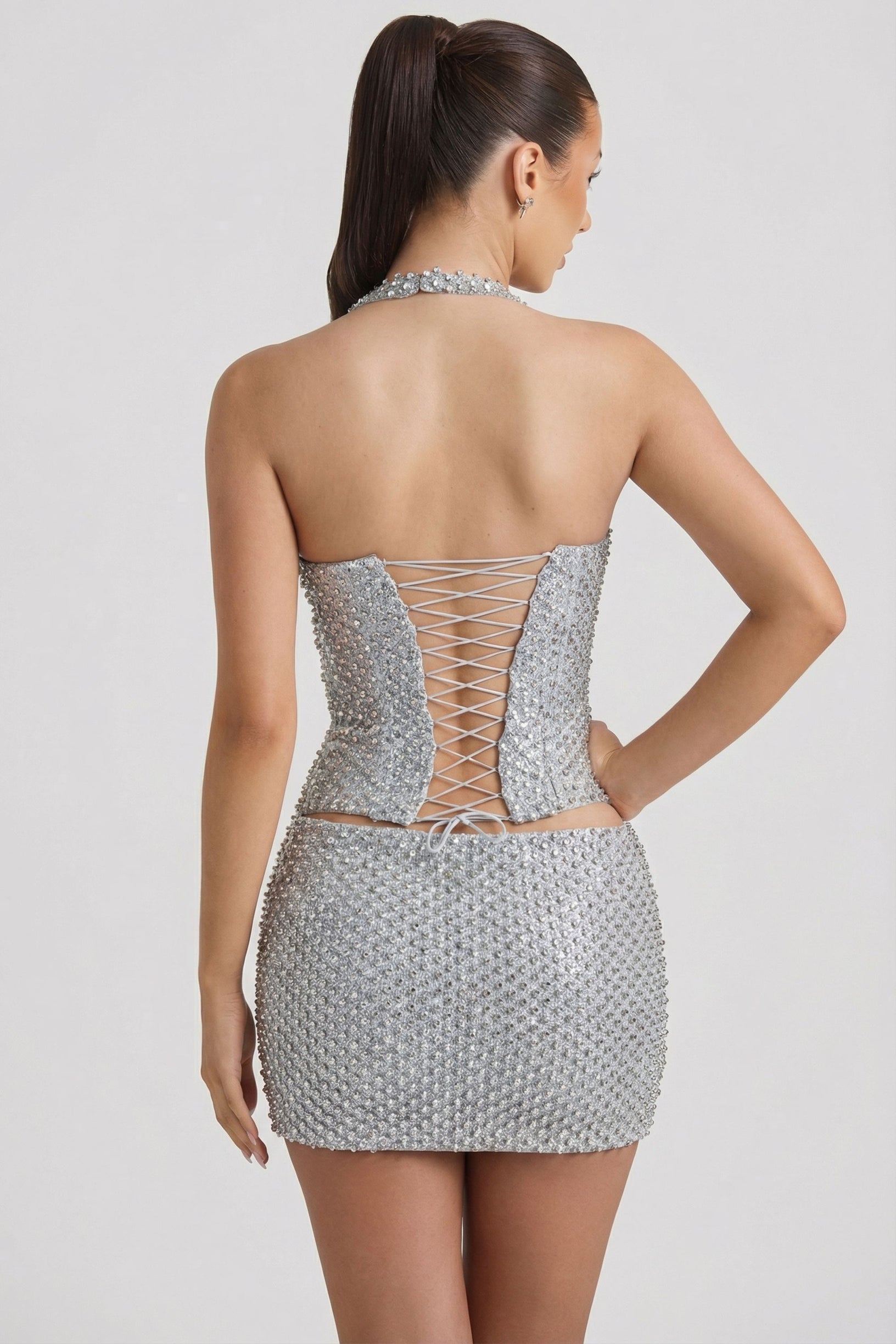 Embellished Low-Rise Mini Skirt in Silver - 2