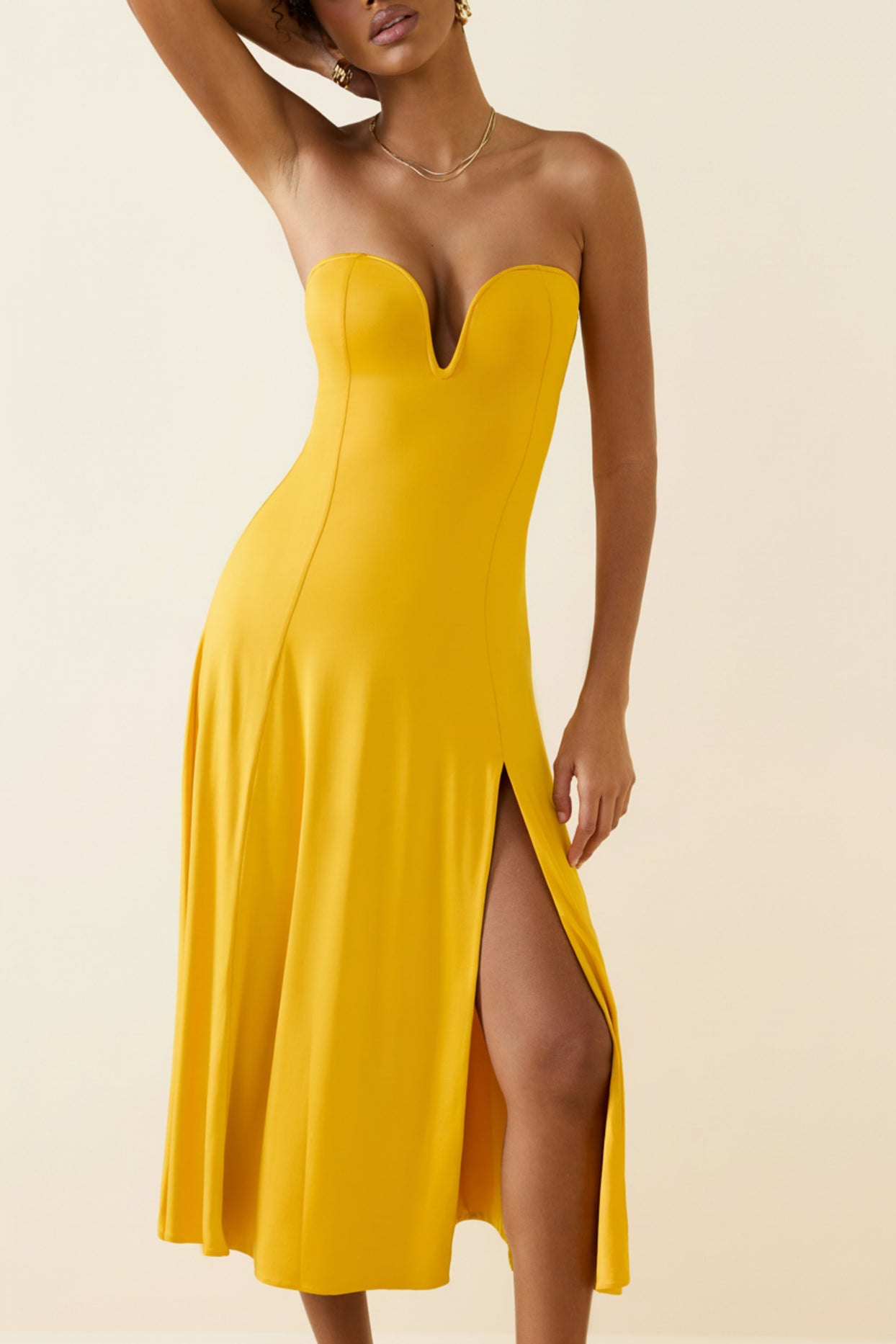 Slinky Jersey Strapless A-Line Midaxi Dress in Golden Yellow - 4