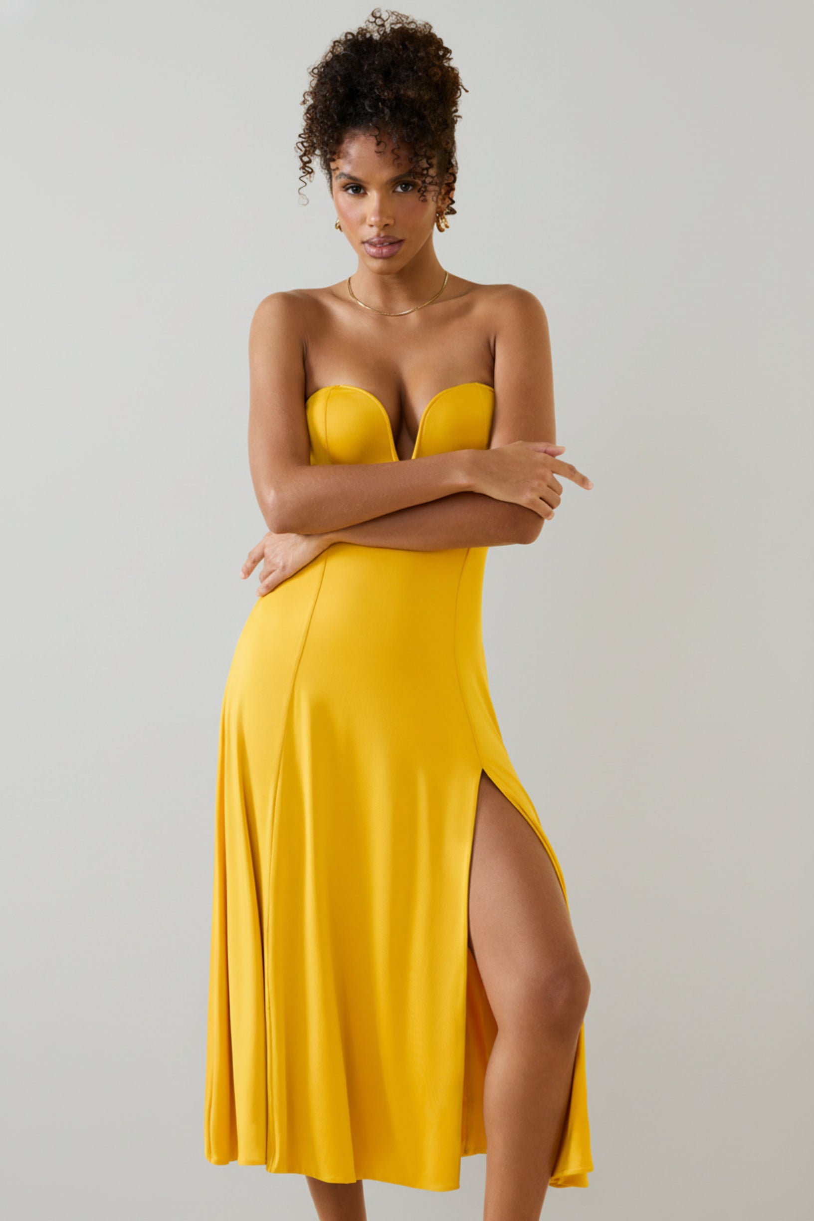 Slinky Jersey Strapless A-Line Midaxi Dress in Golden Yellow - 1