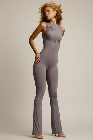 Asymmetric Ruched Flared Jumpsuit in Steel Grey