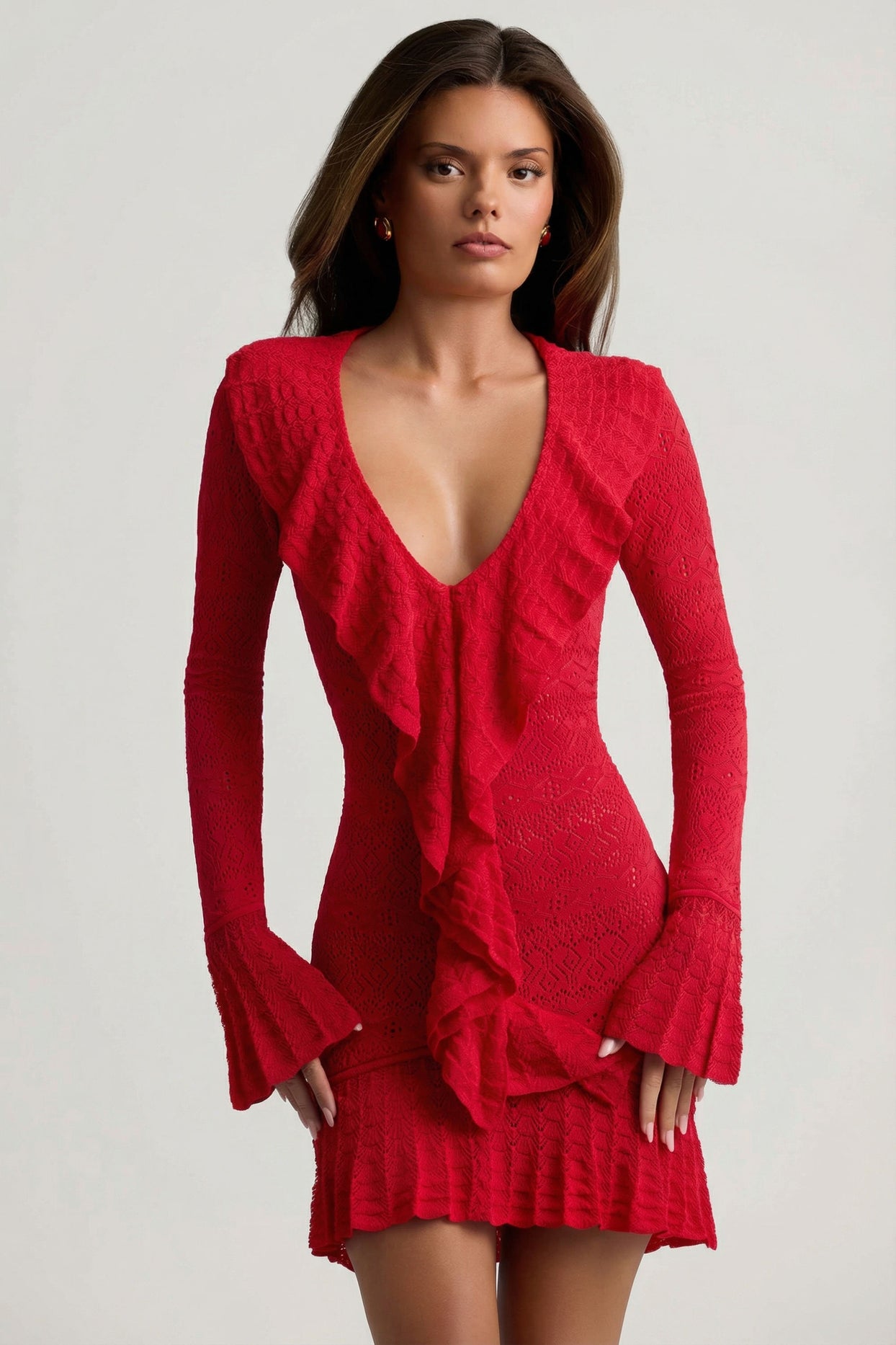 Ruffle-Trim Pointelle-Knit Mini Dress in Scarlet Red - 6