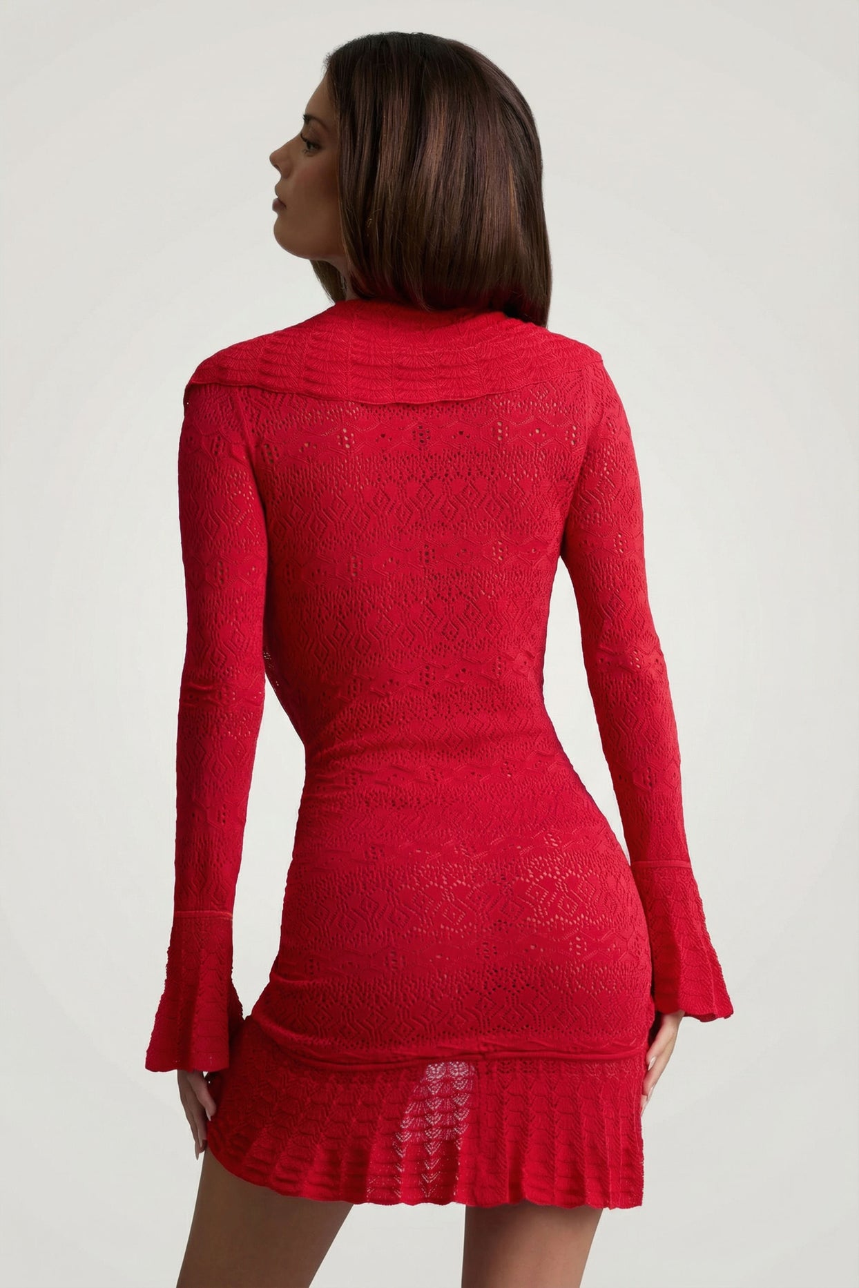 Ruffle-Trim Pointelle-Knit Mini Dress in Scarlet Red - 2