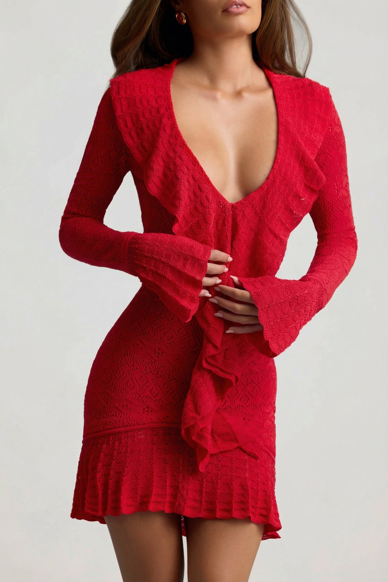 Ruffle-Trim Pointelle-Knit Mini Dress in Scarlet Red - 4