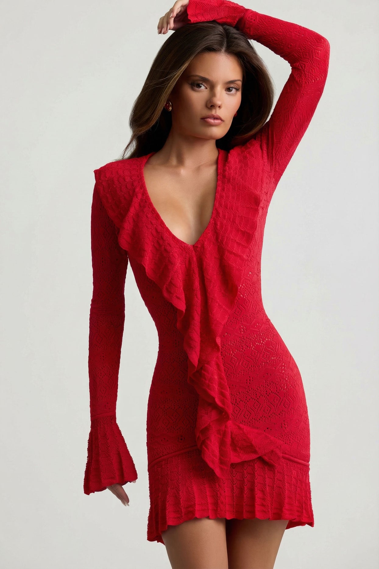 Ruffle-Trim Pointelle-Knit Mini Dress in Scarlet Red - 5