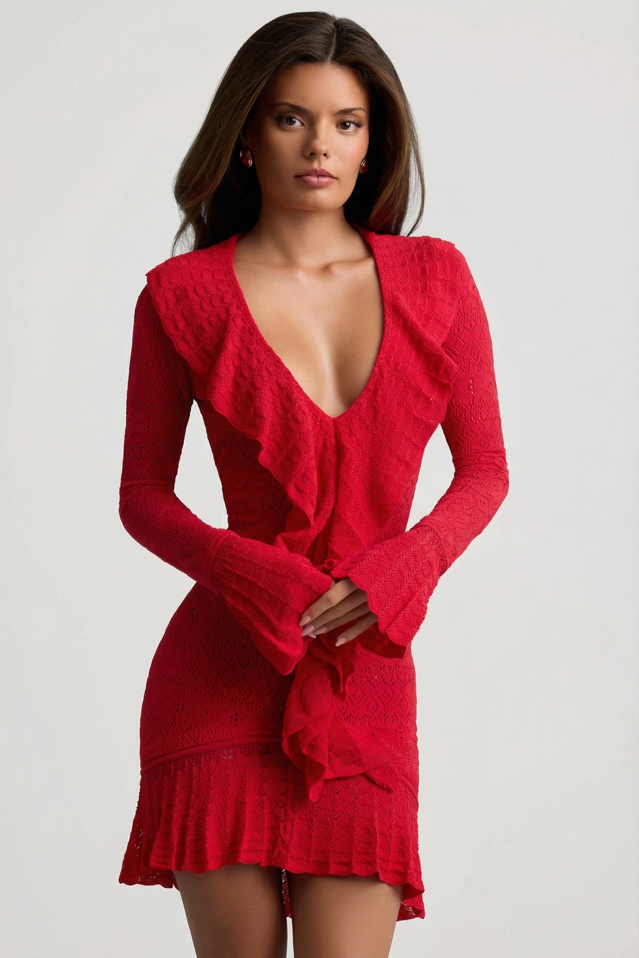Ruffle-Trim Pointelle-Knit Mini Dress in Scarlet Red - 7