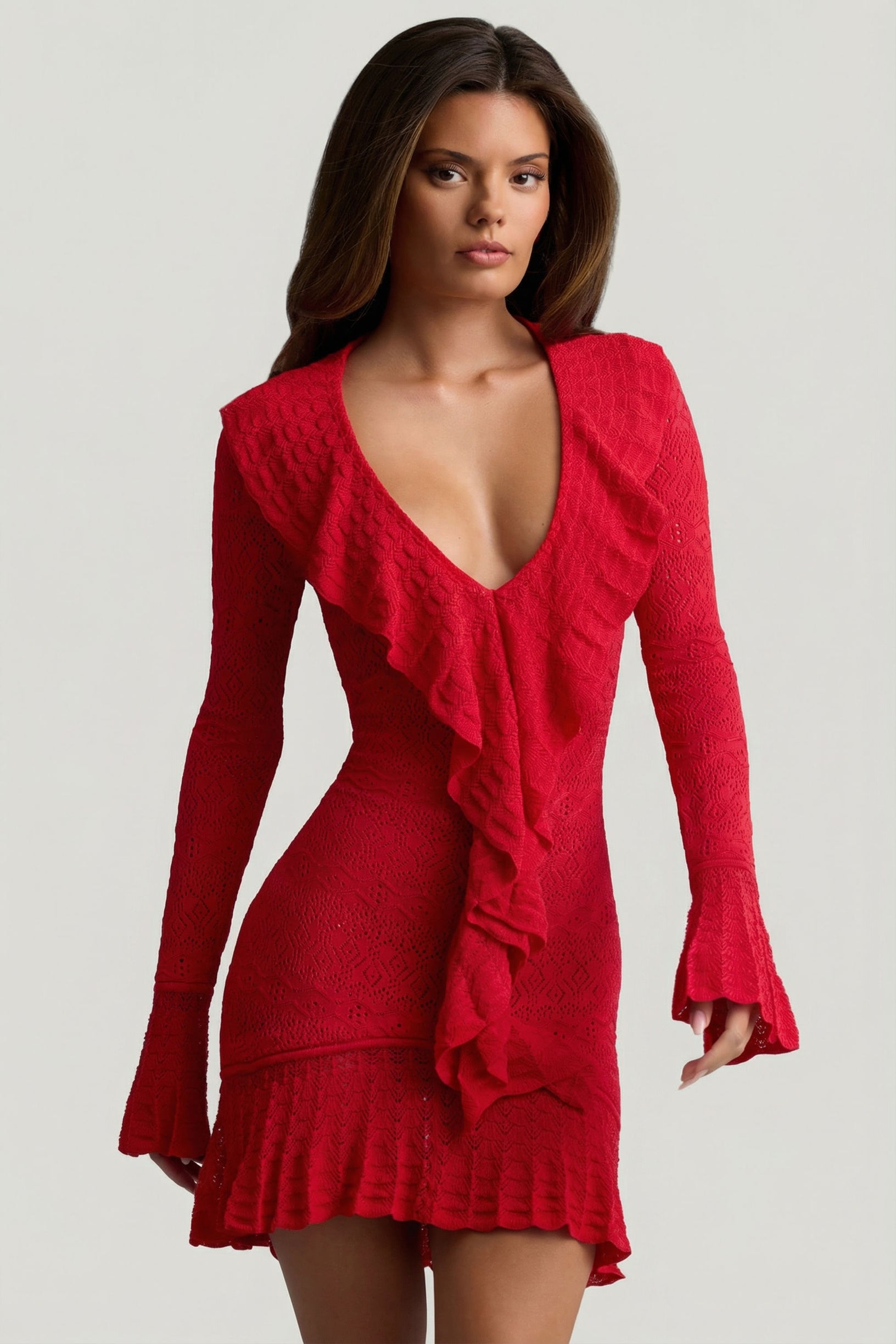 Ruffle-Trim Pointelle-Knit Mini Dress in Scarlet Red - 1