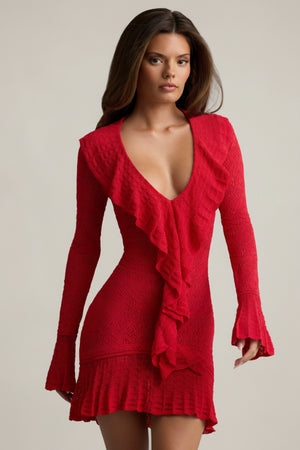 Ruffle-Trim Pointelle-Knit Mini Dress in Scarlet Red