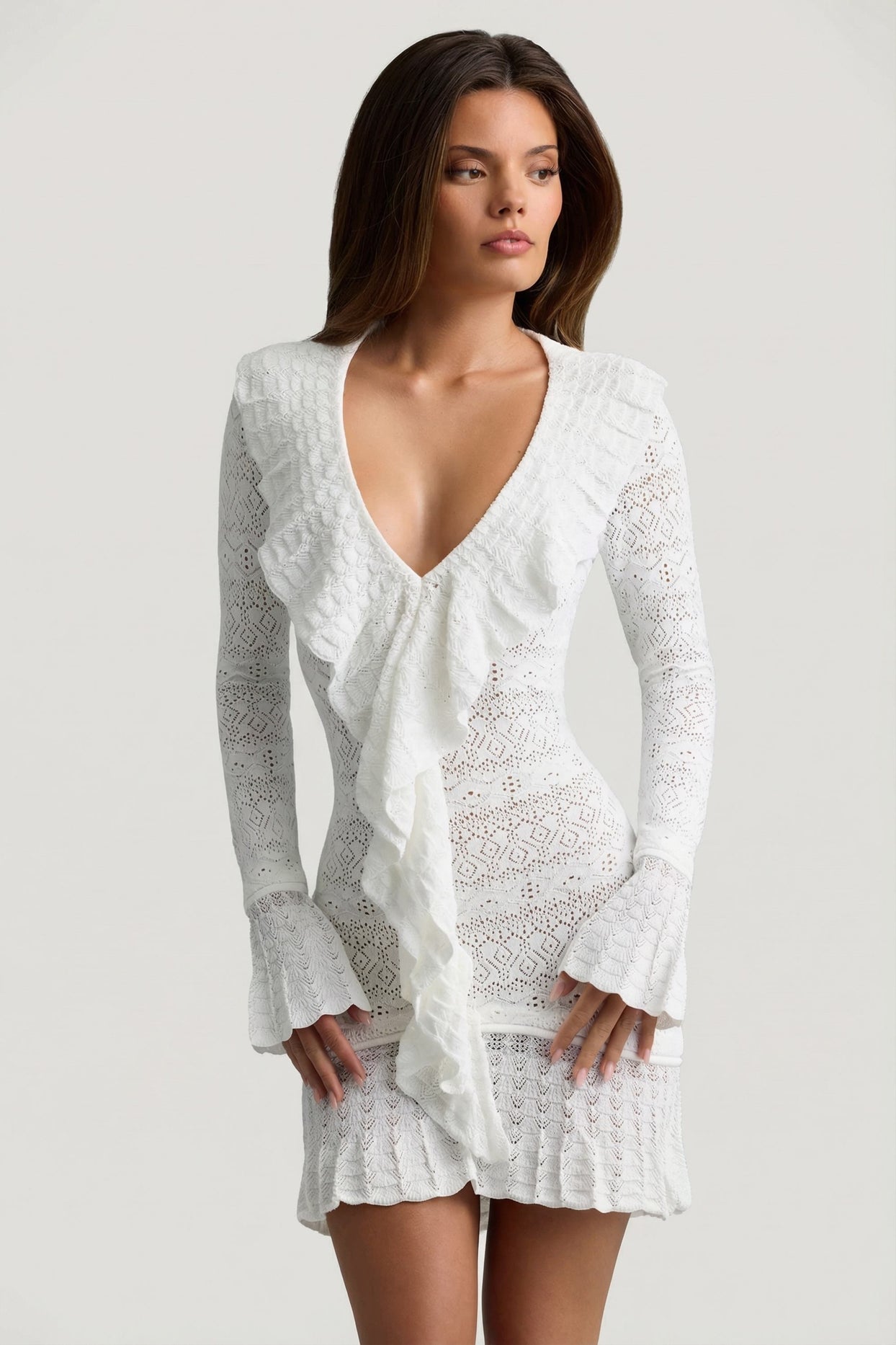 Ruffle-Trim Pointelle-Knit Mini Dress in White - 7