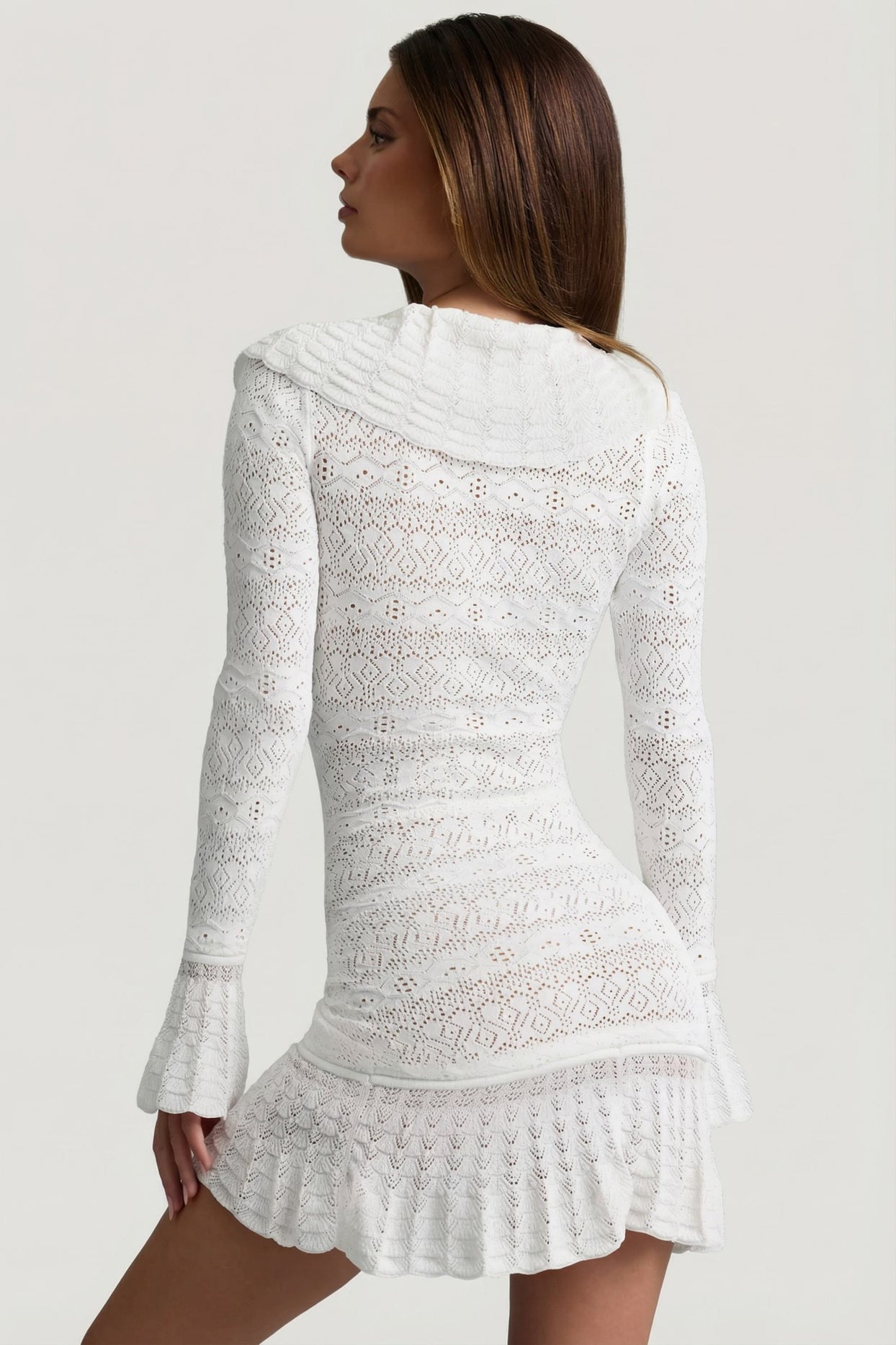 Ruffle-Trim Pointelle-Knit Mini Dress in White - 6