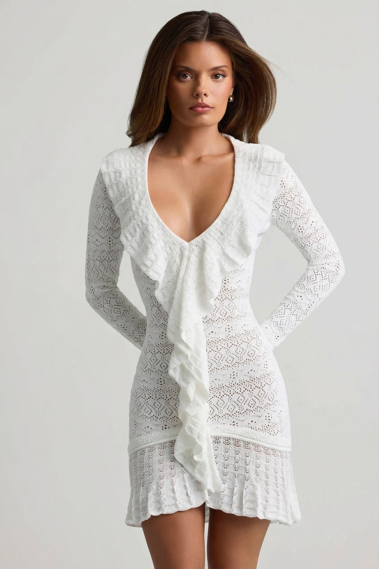 Ruffle-Trim Pointelle-Knit Mini Dress in White - 5