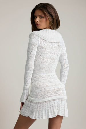 Ruffle-Trim Pointelle-Knit Mini Dress in White