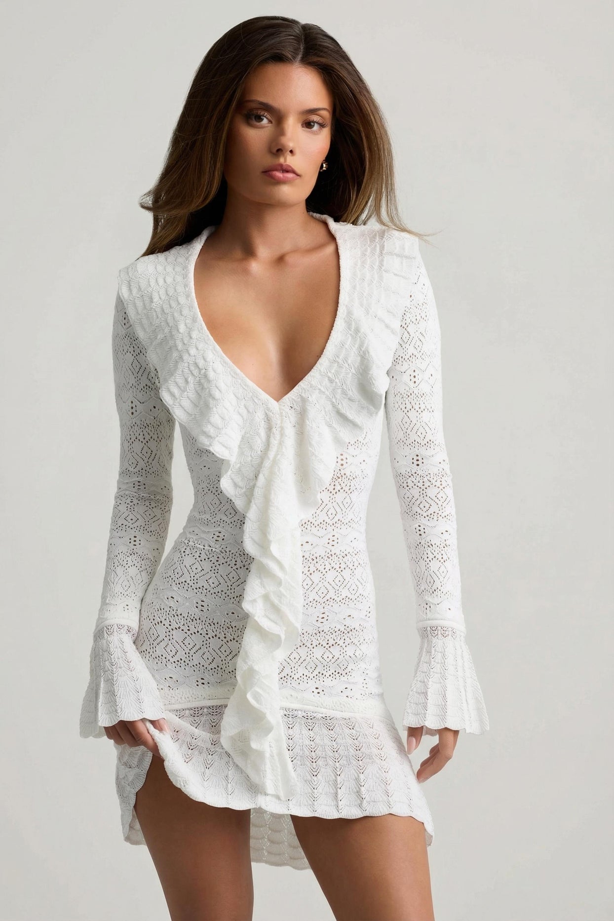 Ruffle-Trim Pointelle-Knit Mini Dress in White - 8