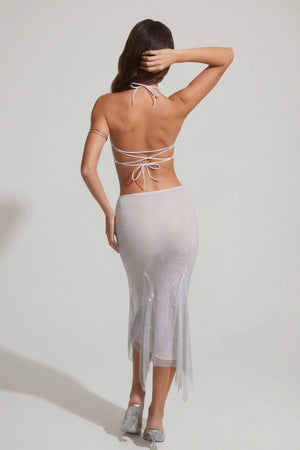 Oh Polly's Lini wearing the Jordana Midaxi Skirt in Silver Rhinestone fabric perfect for festive holiday gatherings