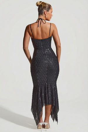 Josephine Embellished Cut-Out Asymmetric Midaxi Dress in Black