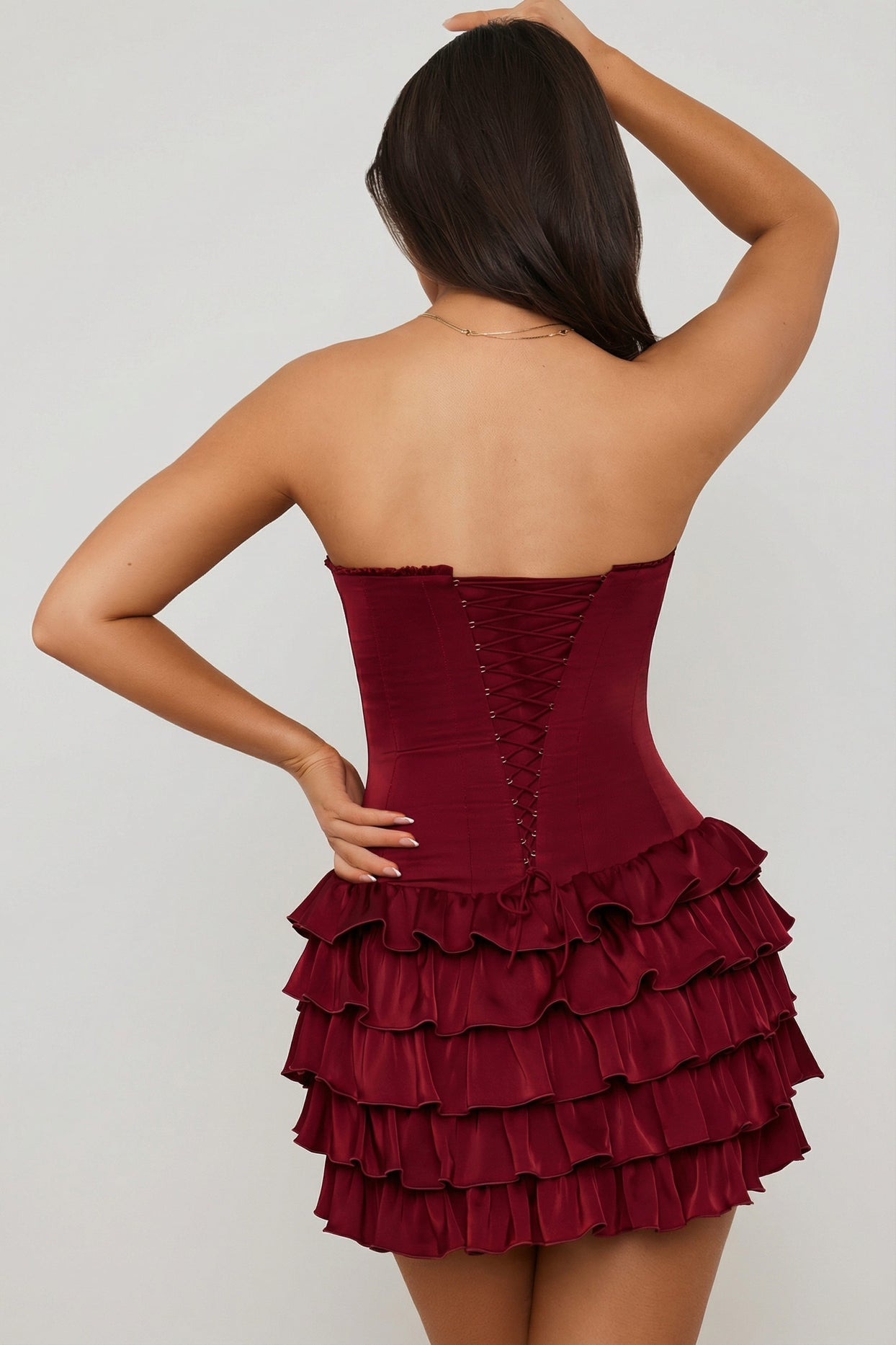 Bandeau Ruffled Tiered Corset Mini Dress in Berry Red - 2