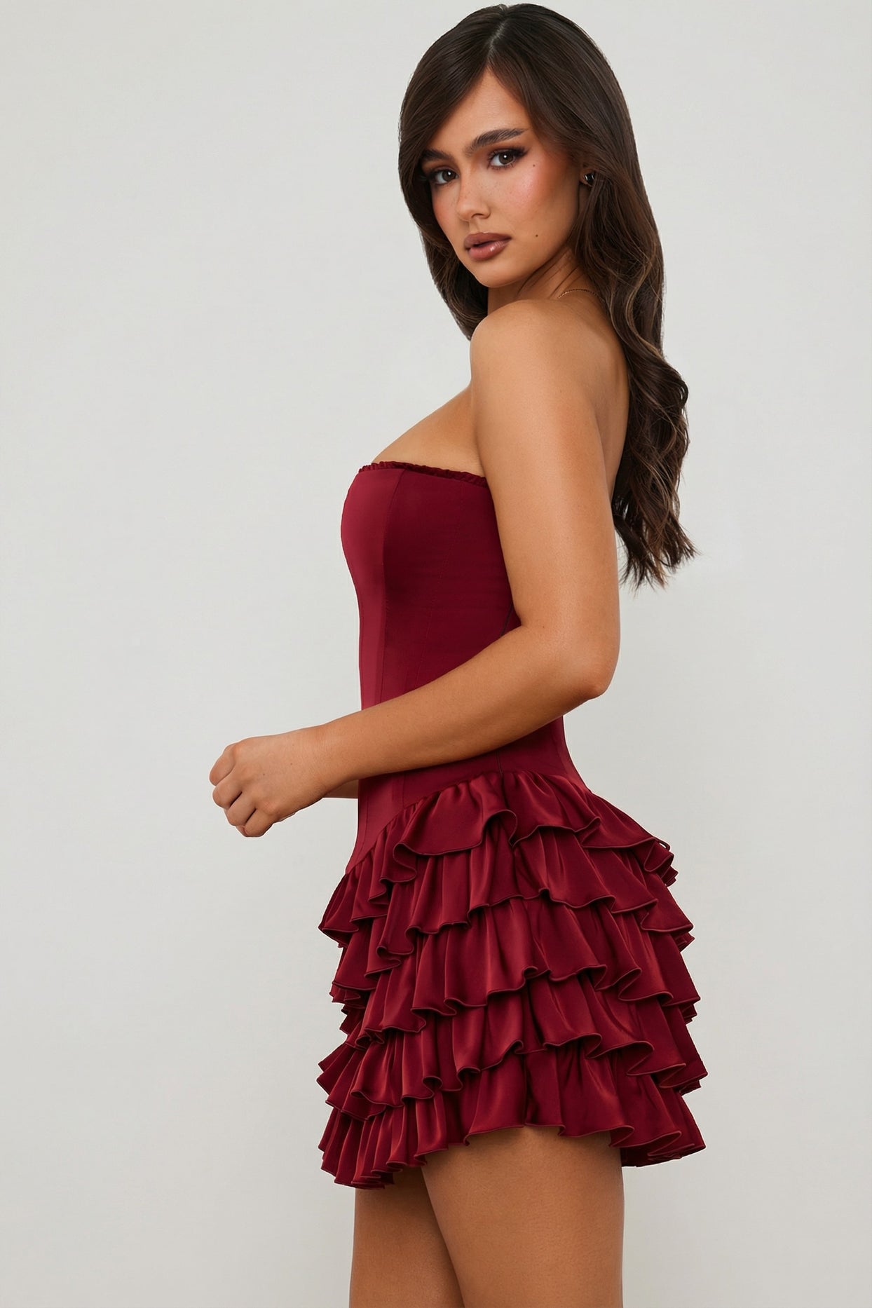 Bandeau Ruffled Tiered Corset Mini Dress in Berry Red - 3