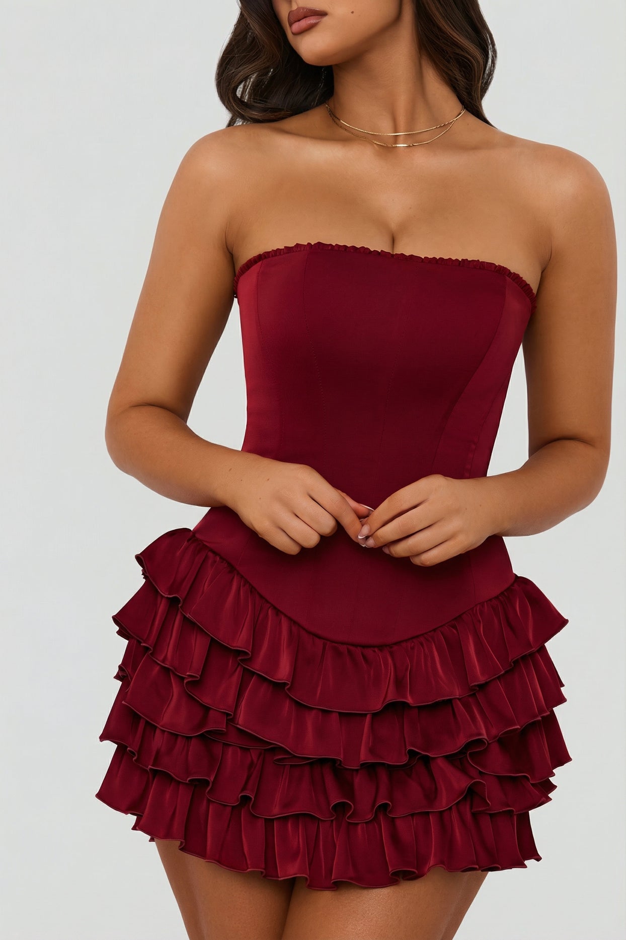 Bandeau Ruffled Tiered Corset Mini Dress in Berry Red - 4