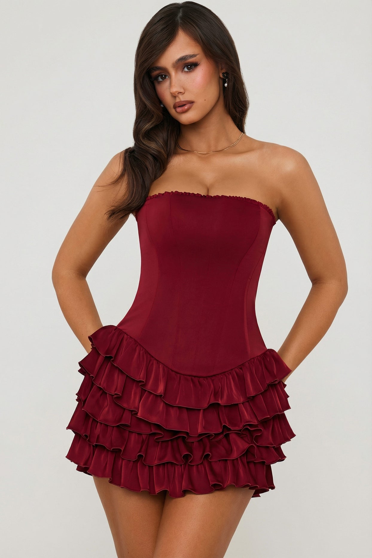 Bandeau Ruffled Tiered Corset Mini Dress in Berry Red - 5