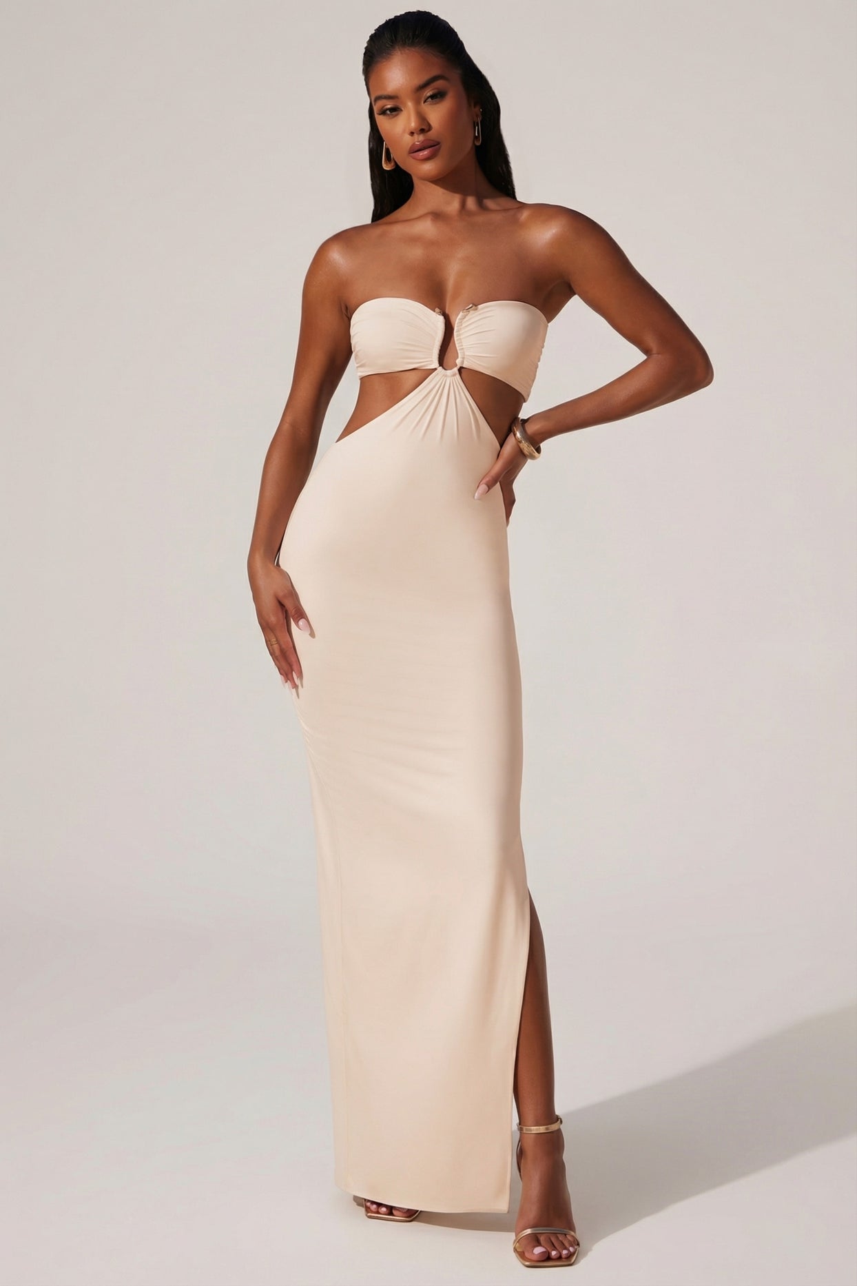 Ruched Hardware Detail Bandeau Floor Length Dress in Ivory - 1