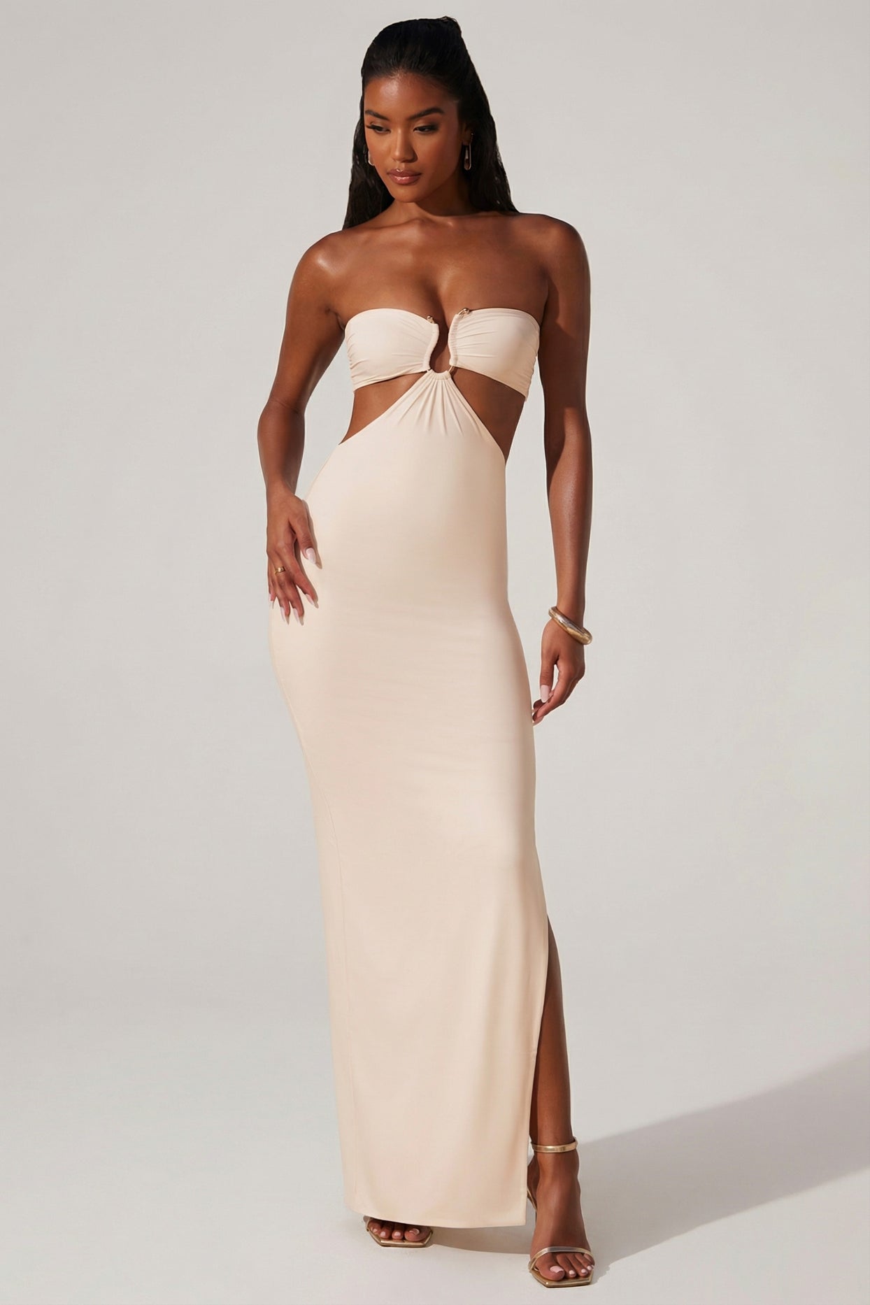 Ruched Hardware Detail Bandeau Floor Length Dress in Ivory - 6