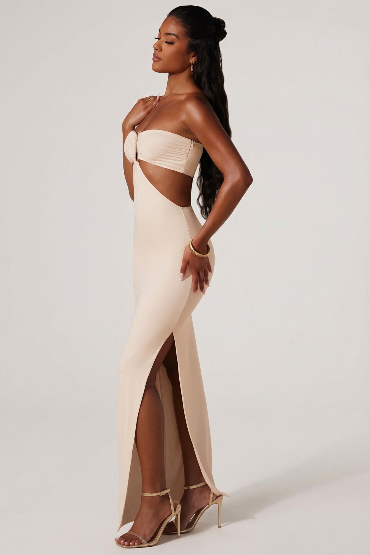 Ruched Hardware Detail Bandeau Floor Length Dress in Ivory - 3