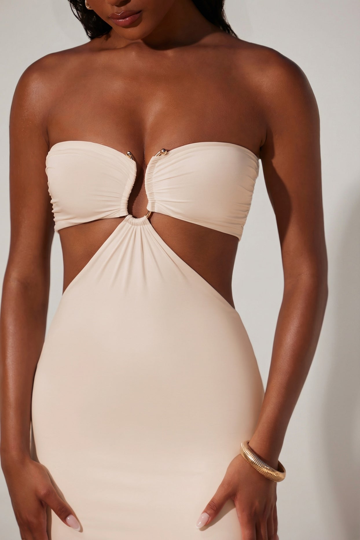 Ruched Hardware Detail Bandeau Floor Length Dress in Ivory - 4
