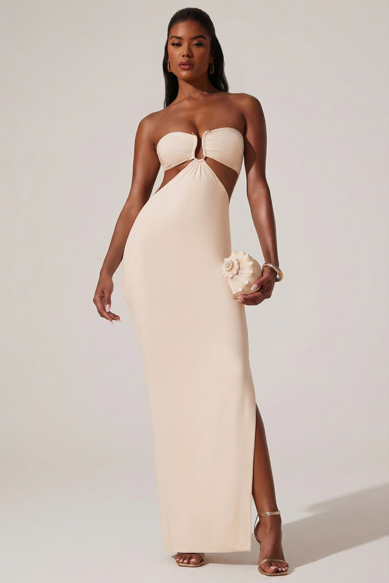 Ruched Hardware Detail Bandeau Floor Length Dress in Ivory - 9