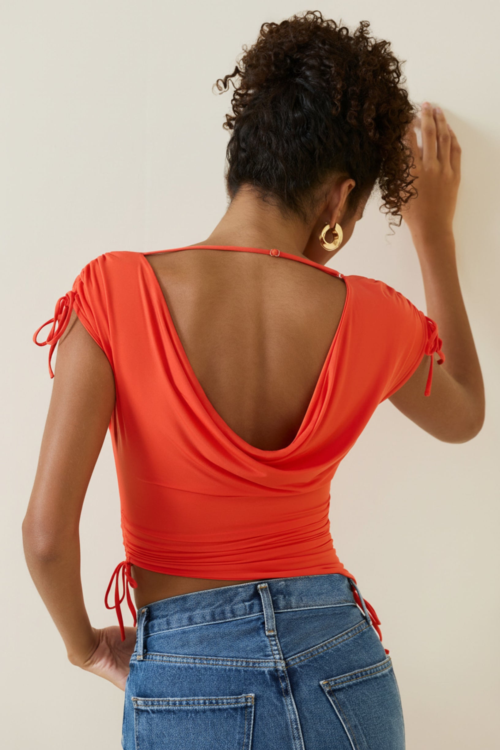 Asymmetric Ruched Cowl-Back Crop Top in Scarlet - 2