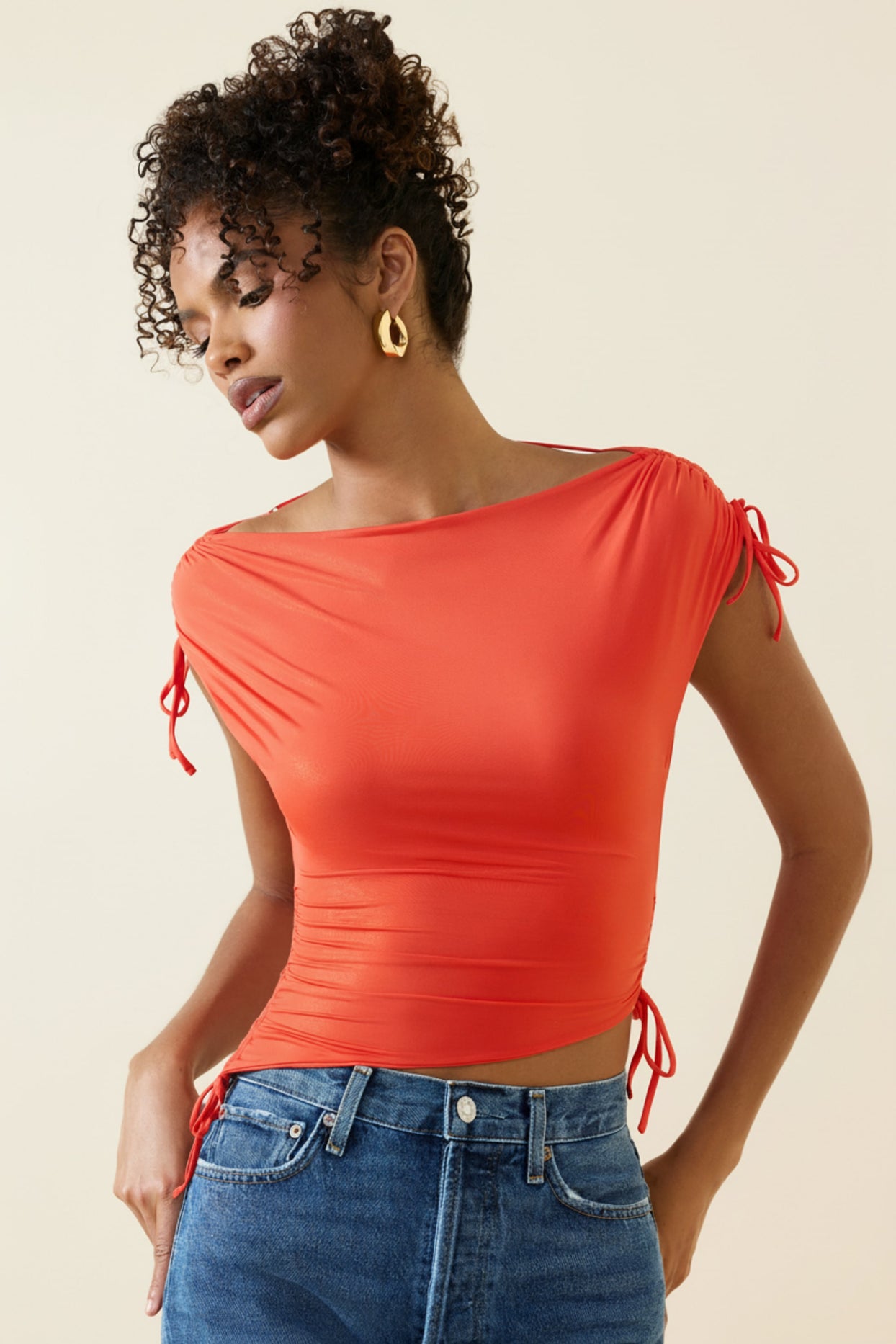 Asymmetric Ruched Cowl-Back Crop Top in Scarlet - 4