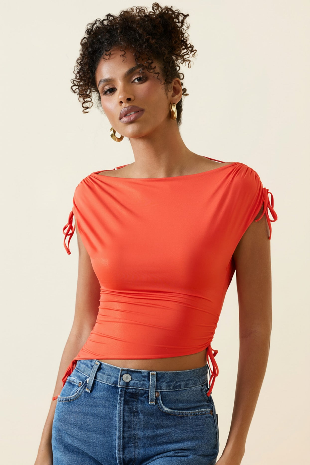 Asymmetric Ruched Cowl-Back Crop Top in Scarlet - 5