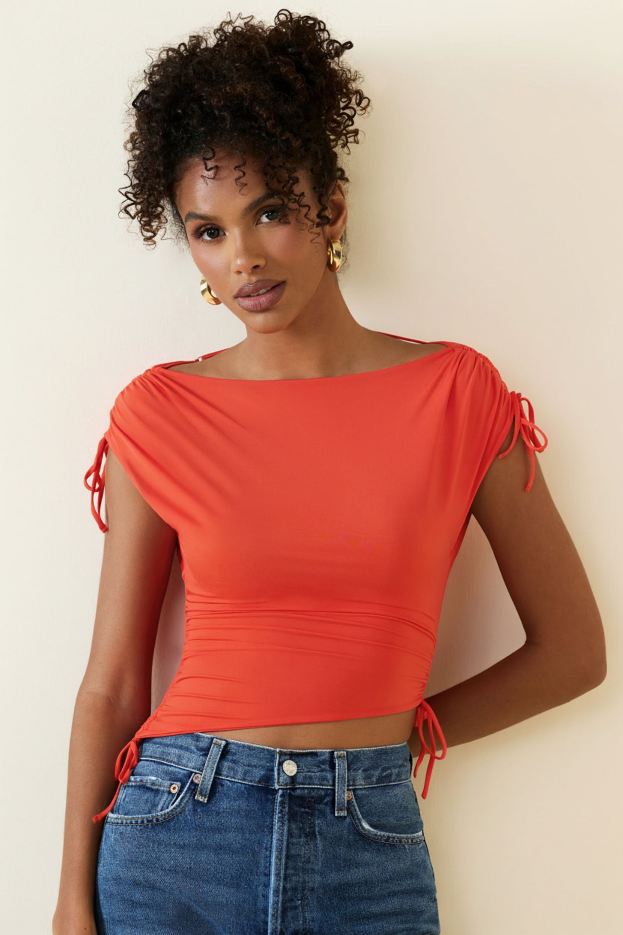 Asymmetric Ruched Cowl-Back Crop Top in Scarlet - 6