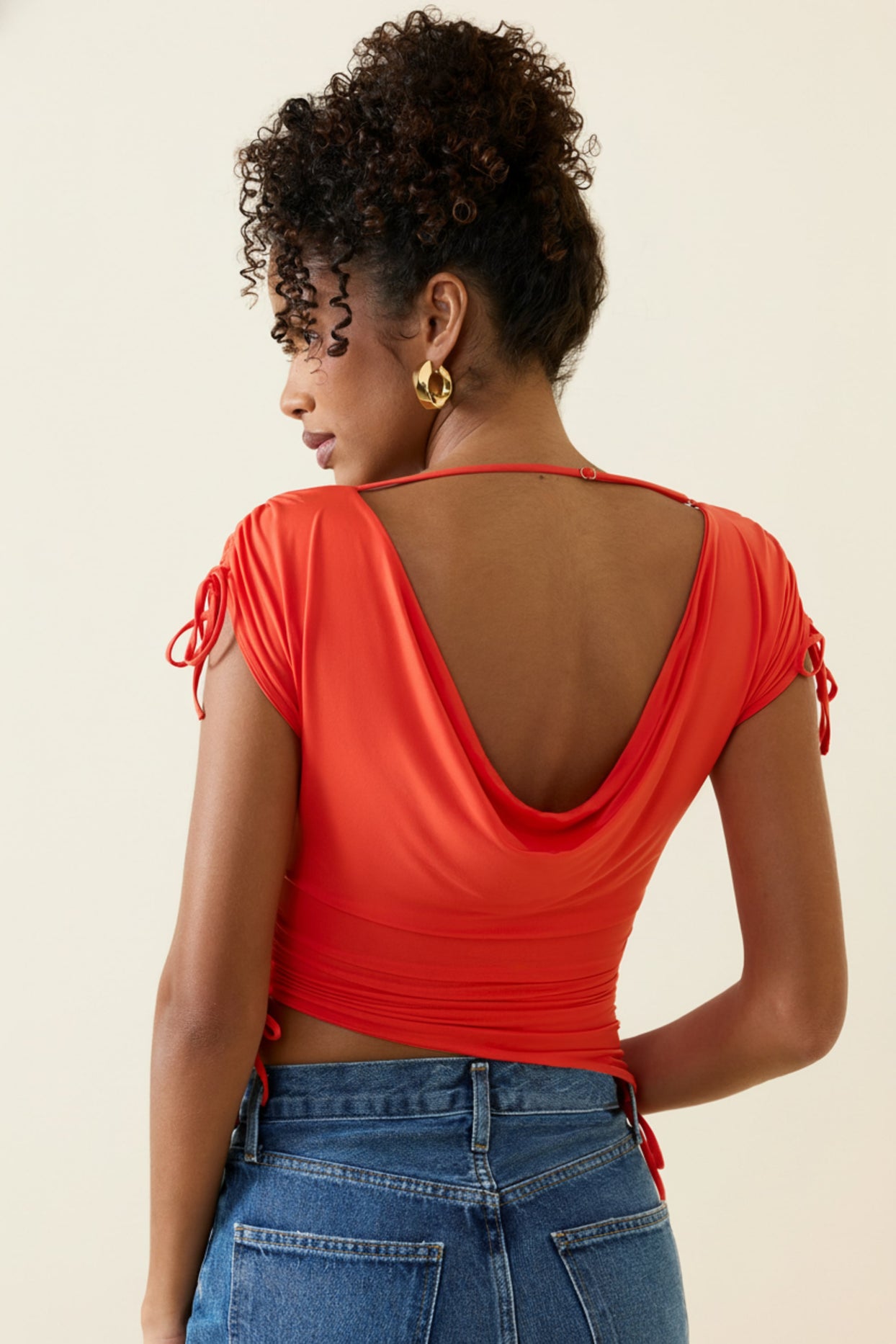 Asymmetric Ruched Cowl-Back Crop Top in Scarlet - 7